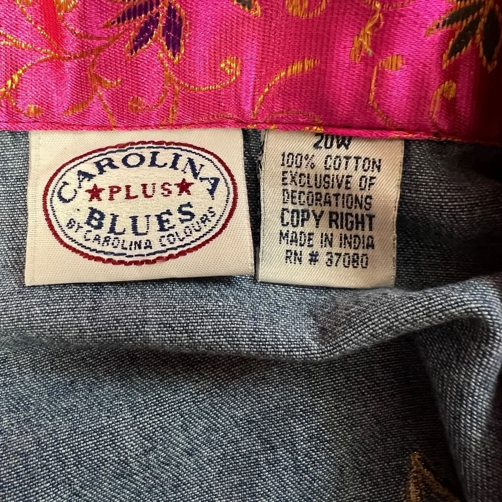 Carolina Blues Plus Denim Jacket 20W Embroidered Floral Boho Pink Collar - Picture 2 of 16